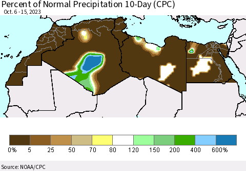 North Africa Percent of Normal Precipitation 10-Day (CPC) Thematic Map For 10/6/2023 - 10/15/2023