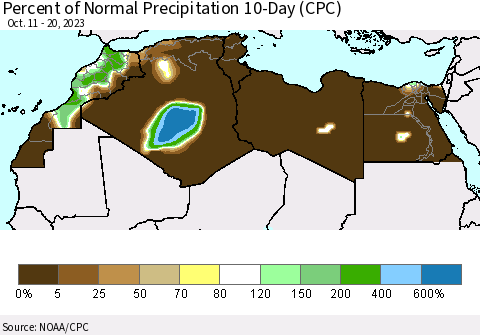 North Africa Percent of Normal Precipitation 10-Day (CPC) Thematic Map For 10/11/2023 - 10/20/2023