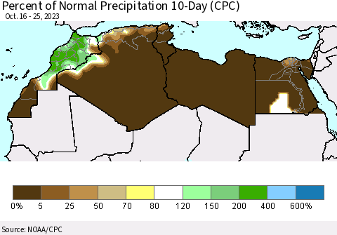North Africa Percent of Normal Precipitation 10-Day (CPC) Thematic Map For 10/16/2023 - 10/25/2023