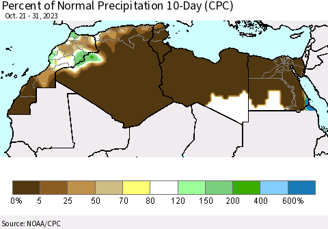 North Africa Percent of Normal Precipitation 10-Day (CPC) Thematic Map For 10/21/2023 - 10/31/2023