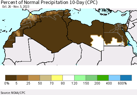 North Africa Percent of Normal Precipitation 10-Day (CPC) Thematic Map For 10/26/2023 - 11/5/2023