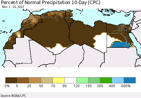 North Africa Percent of Normal Precipitation 10-Day (CPC) Thematic Map For 11/1/2023 - 11/10/2023
