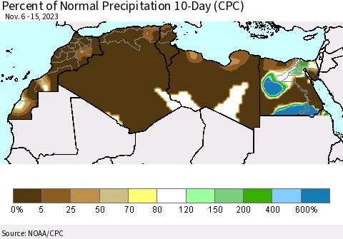 North Africa Percent of Normal Precipitation 10-Day (CPC) Thematic Map For 11/6/2023 - 11/15/2023