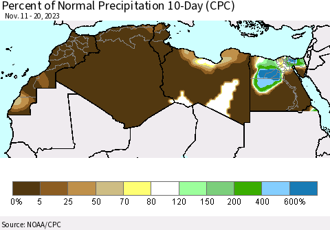 North Africa Percent of Normal Precipitation 10-Day (CPC) Thematic Map For 11/11/2023 - 11/20/2023