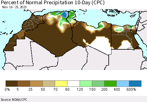 North Africa Percent of Normal Precipitation 10-Day (CPC) Thematic Map For 11/16/2023 - 11/25/2023