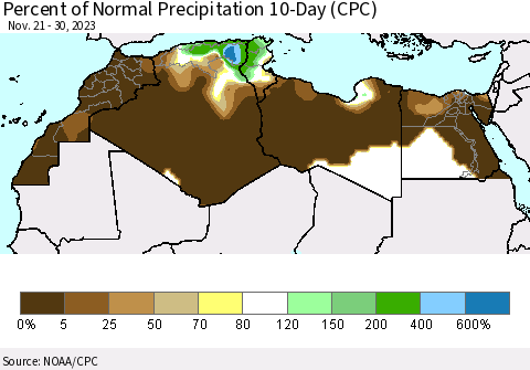 North Africa Percent of Normal Precipitation 10-Day (CPC) Thematic Map For 11/21/2023 - 11/30/2023