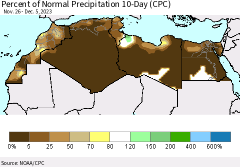 North Africa Percent of Normal Precipitation 10-Day (CPC) Thematic Map For 11/26/2023 - 12/5/2023