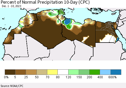 North Africa Percent of Normal Precipitation 10-Day (CPC) Thematic Map For 12/1/2023 - 12/10/2023