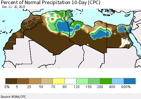 North Africa Percent of Normal Precipitation 10-Day (CPC) Thematic Map For 12/11/2023 - 12/20/2023