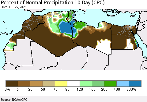 North Africa Percent of Normal Precipitation 10-Day (CPC) Thematic Map For 12/16/2023 - 12/25/2023
