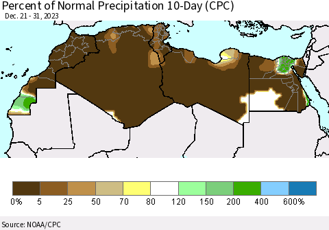 North Africa Percent of Normal Precipitation 10-Day (CPC) Thematic Map For 12/21/2023 - 12/31/2023