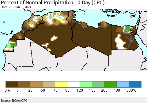 North Africa Percent of Normal Precipitation 10-Day (CPC) Thematic Map For 12/26/2023 - 1/5/2024