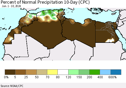 North Africa Percent of Normal Precipitation 10-Day (CPC) Thematic Map For 1/1/2024 - 1/10/2024