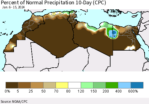 North Africa Percent of Normal Precipitation 10-Day (CPC) Thematic Map For 1/6/2024 - 1/15/2024