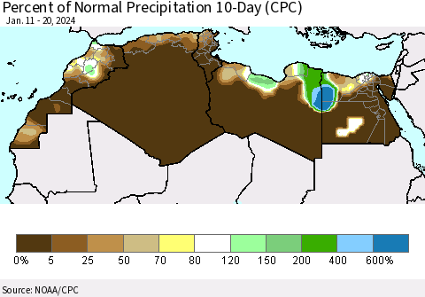North Africa Percent of Normal Precipitation 10-Day (CPC) Thematic Map For 1/11/2024 - 1/20/2024