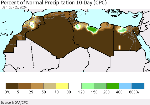 North Africa Percent of Normal Precipitation 10-Day (CPC) Thematic Map For 1/16/2024 - 1/25/2024