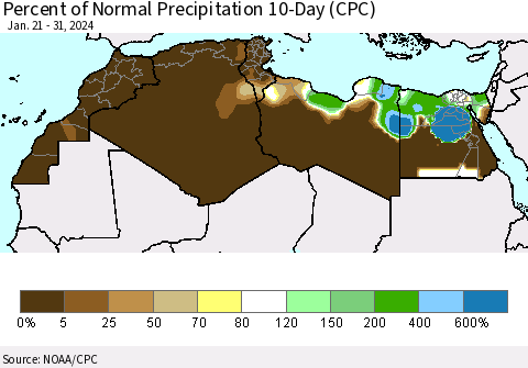 North Africa Percent of Normal Precipitation 10-Day (CPC) Thematic Map For 1/21/2024 - 1/31/2024