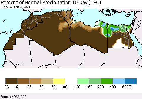 North Africa Percent of Normal Precipitation 10-Day (CPC) Thematic Map For 1/26/2024 - 2/5/2024