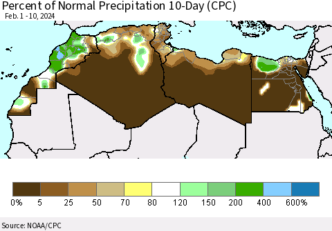 North Africa Percent of Normal Precipitation 10-Day (CPC) Thematic Map For 2/1/2024 - 2/10/2024