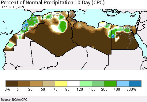 North Africa Percent of Normal Precipitation 10-Day (CPC) Thematic Map For 2/6/2024 - 2/15/2024