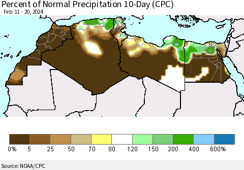 North Africa Percent of Normal Precipitation 10-Day (CPC) Thematic Map For 2/11/2024 - 2/20/2024
