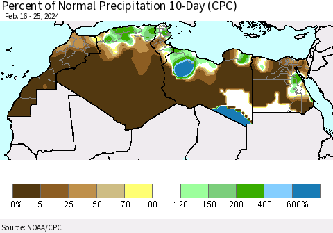 North Africa Percent of Normal Precipitation 10-Day (CPC) Thematic Map For 2/16/2024 - 2/25/2024