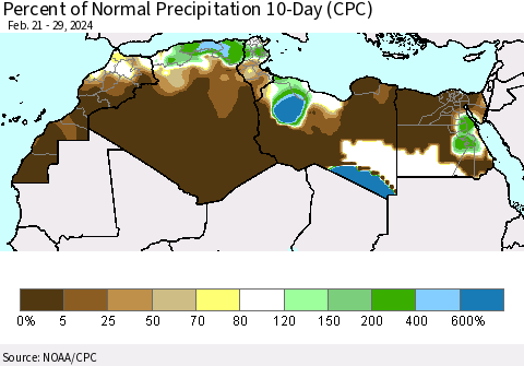 North Africa Percent of Normal Precipitation 10-Day (CPC) Thematic Map For 2/21/2024 - 2/29/2024