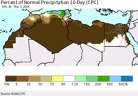 North Africa Percent of Normal Precipitation 10-Day (CPC) Thematic Map For 2/26/2024 - 3/5/2024
