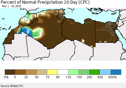 North Africa Percent of Normal Precipitation 10-Day (CPC) Thematic Map For 3/1/2024 - 3/10/2024