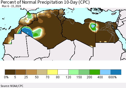 North Africa Percent of Normal Precipitation 10-Day (CPC) Thematic Map For 3/6/2024 - 3/15/2024