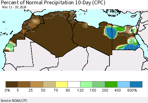 North Africa Percent of Normal Precipitation 10-Day (CPC) Thematic Map For 3/11/2024 - 3/20/2024