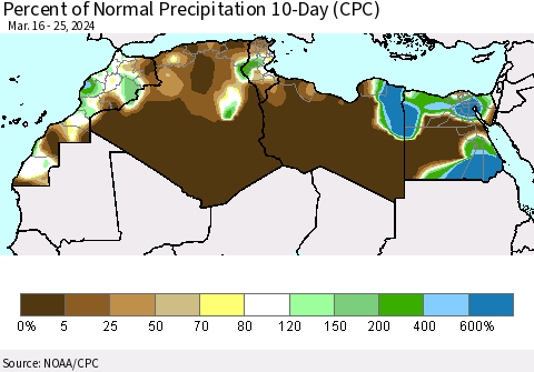 North Africa Percent of Normal Precipitation 10-Day (CPC) Thematic Map For 3/16/2024 - 3/25/2024