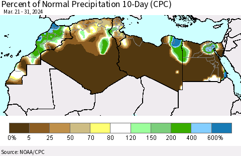 North Africa Percent of Normal Precipitation 10-Day (CPC) Thematic Map For 3/21/2024 - 3/31/2024