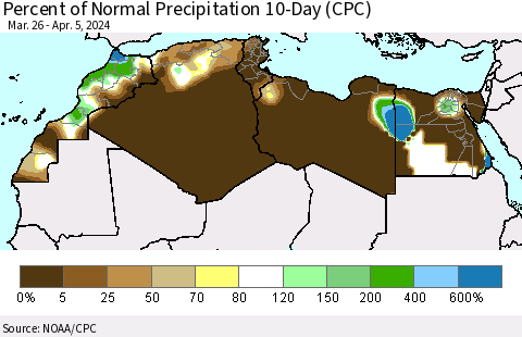 North Africa Percent of Normal Precipitation 10-Day (CPC) Thematic Map For 3/26/2024 - 4/5/2024