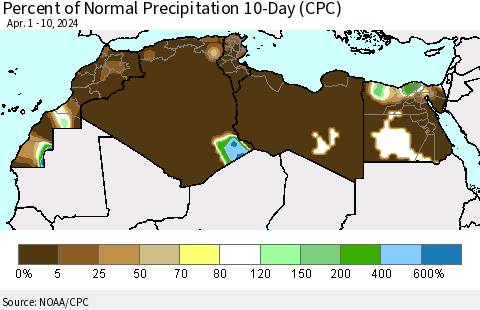 North Africa Percent of Normal Precipitation 10-Day (CPC) Thematic Map For 4/1/2024 - 4/10/2024