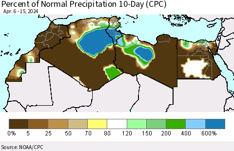 North Africa Percent of Normal Precipitation 10-Day (CPC) Thematic Map For 4/6/2024 - 4/15/2024