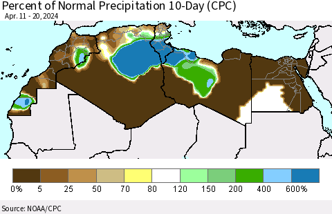 North Africa Percent of Normal Precipitation 10-Day (CPC) Thematic Map For 4/11/2024 - 4/20/2024