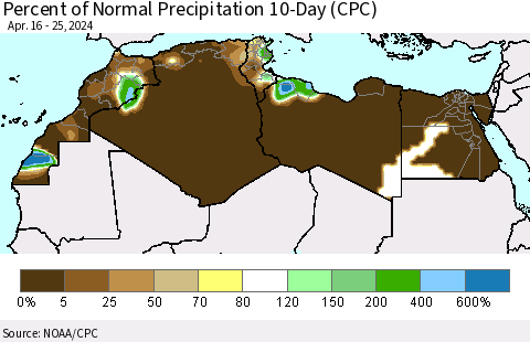 North Africa Percent of Normal Precipitation 10-Day (CPC) Thematic Map For 4/16/2024 - 4/25/2024