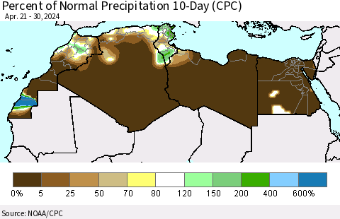 North Africa Percent of Normal Precipitation 10-Day (CPC) Thematic Map For 4/21/2024 - 4/30/2024