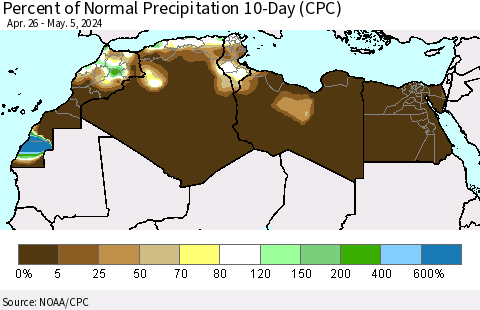 North Africa Percent of Normal Precipitation 10-Day (CPC) Thematic Map For 4/26/2024 - 5/5/2024