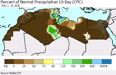North Africa Percent of Normal Precipitation 10-Day (CPC) Thematic Map For 5/1/2024 - 5/10/2024