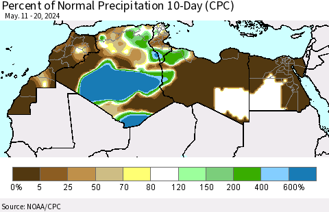North Africa Percent of Normal Precipitation 10-Day (CPC) Thematic Map For 5/11/2024 - 5/20/2024