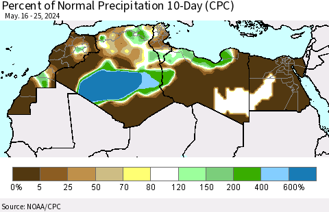 North Africa Percent of Normal Precipitation 10-Day (CPC) Thematic Map For 5/16/2024 - 5/25/2024