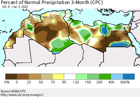 North Africa Percent of Normal Precipitation 3-Month (CPC) Thematic Map For 10/6/2019 - 1/5/2020