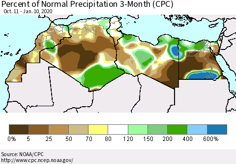 North Africa Percent of Normal Precipitation 3-Month (CPC) Thematic Map For 10/11/2019 - 1/10/2020