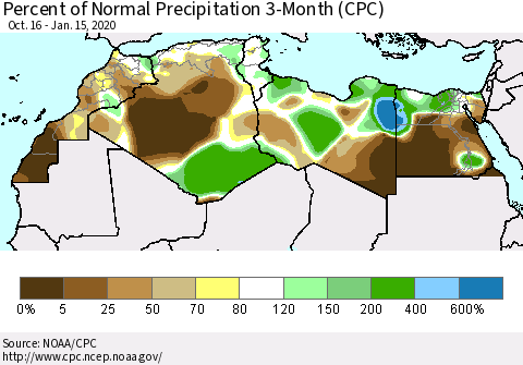North Africa Percent of Normal Precipitation 3-Month (CPC) Thematic Map For 10/16/2019 - 1/15/2020