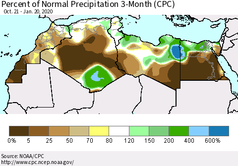 North Africa Percent of Normal Precipitation 3-Month (CPC) Thematic Map For 10/21/2019 - 1/20/2020