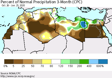 North Africa Percent of Normal Precipitation 3-Month (CPC) Thematic Map For 10/26/2019 - 1/25/2020