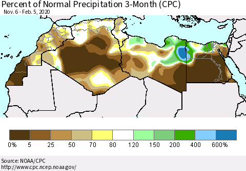 North Africa Percent of Normal Precipitation 3-Month (CPC) Thematic Map For 11/6/2019 - 2/5/2020