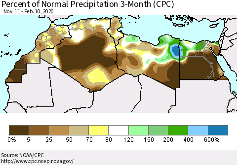 North Africa Percent of Normal Precipitation 3-Month (CPC) Thematic Map For 11/11/2019 - 2/10/2020